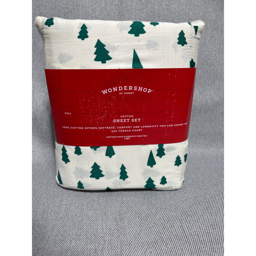 Wondershop Full Cotton‎ Sheet Set White Green Christmas Pine Tree 200 Thread
